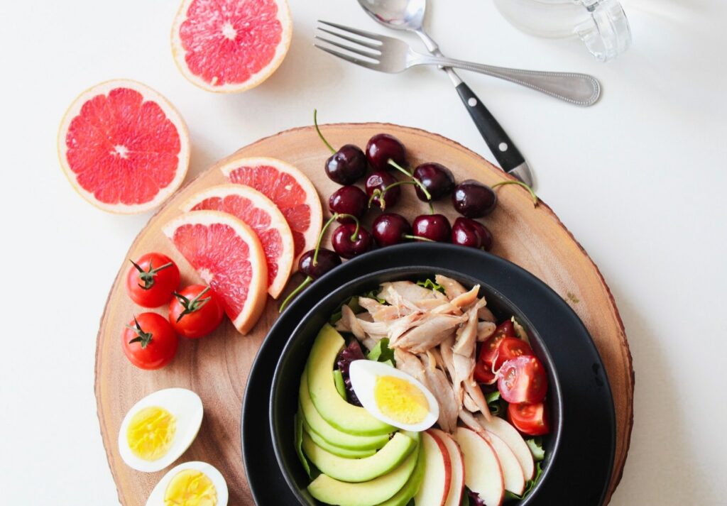 Healthy food in a bowl on a wooden board