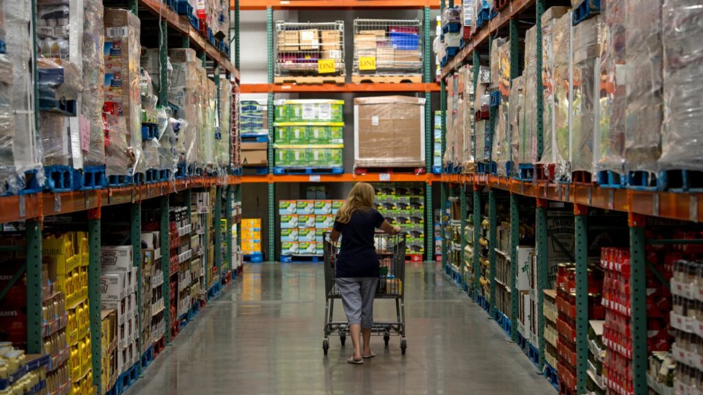 Wholesale aisle in Costco with a female walking with a trolley 