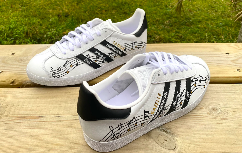 Custom Adidas Gazelles with a music theme design