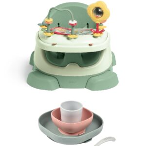 Mamas & Papas Bug 3-in-1 Floor & Booster Seat with Activity Tray & BÉaba Silicone Meal Weaning Set Bundle - Eucalyptus / Pink