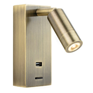 Firstlight Clifton LED Wall Spotlight 3W with USB Port and On/Off Switch Warm White Antique Brass - 2896AB