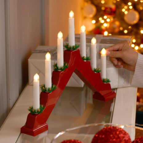 Festive Battery Operated Red Candle Bridge with 7 Candles - Warm White LEDs - P014752
