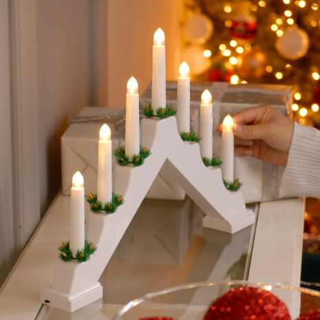 Festive Battery Operated White Candle Bridge with 7 Candles - Warm White LEDs - P014753