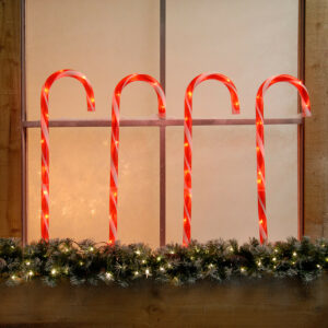 Festive Red and White Outdoor Candy Cane Christmas Stake Light 4 Pack - P036393