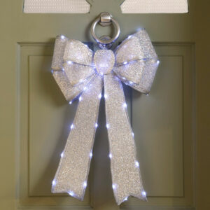 Festive Silver Battery Operated Christmas Door Bow with 84 Cool White LEDs - P036709