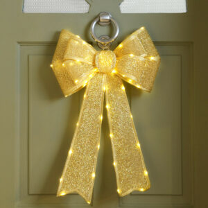 Festive Gold Battery Operated Christmas Door Bow with 84 Warm White LEDs - P036710