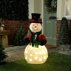 Festive 90cm Battery Operated Lit Snowman Holding Present 50 Warm White LEDs - P041768