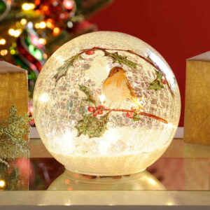 Festive 15cm Battery Operated Robin Crackle Ball 12 Static LEDs - P041980