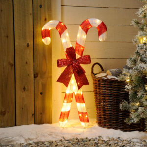 Festive 87cm Lit Twin Candy Canes With Bow 50 Warm White LEDs - P045125