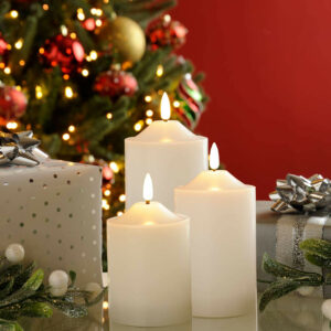 Festive Battery Operated Wax Firefly Pillar Candles With Timer White Pack of 3 - P045489