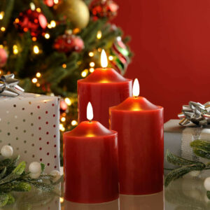 Festive Battery Operated Wax Firefly Pillar Candles With Timer Red Pack of 3 - P045490